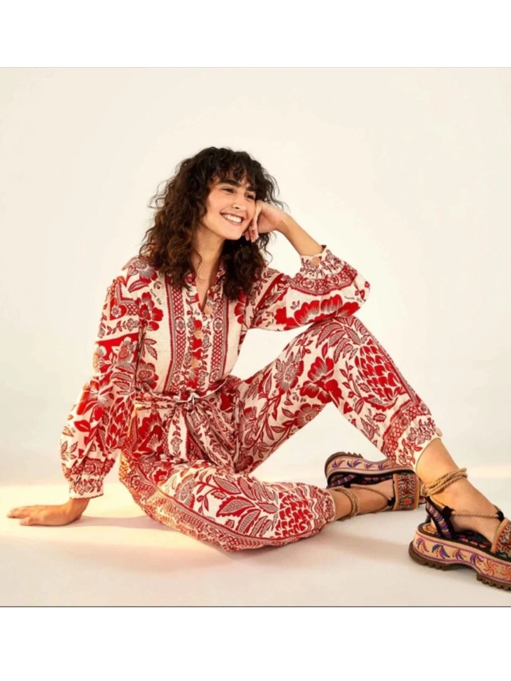 FARM Rio Pineapple Garden Jumpsuit Size XS Red Cream Floral Tie-Waist Boho Chic